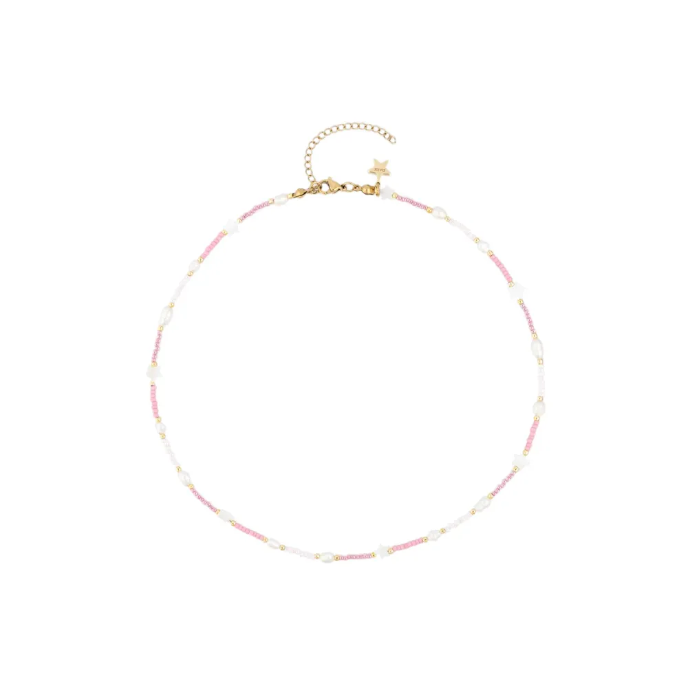 GLASS BEAD NECKLACE W/MOP STAR & PEARLS LIGHT ROSE GLASS BEAD NECKLACE W/MOP STAR & PEARLS LIGHT ROSE