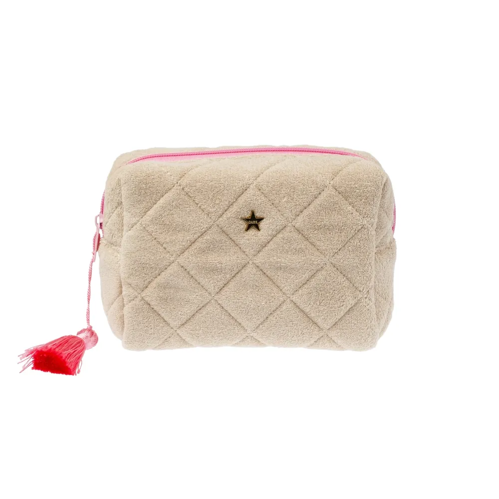 TERRY QUILTED MAKE-UP POUCH SMALL SAND W/BUBBLEGUM PINK TERRY QUILTED MAKE-UP POUCH SMALL SAND W/BUBBLEGUM PINK